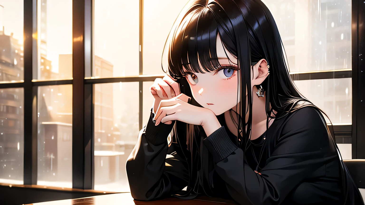 Attention to detail, high quality, high resolution, 4K, 8K, raining outside the window, the window is floor-to-ceiling glass, she is inside the coffee shop, she has long black hair, she is relaxing, she is drinking coffee, she has beautiful eyes, black eyes, casual cloths, warm atmosphere, calm atmosphere