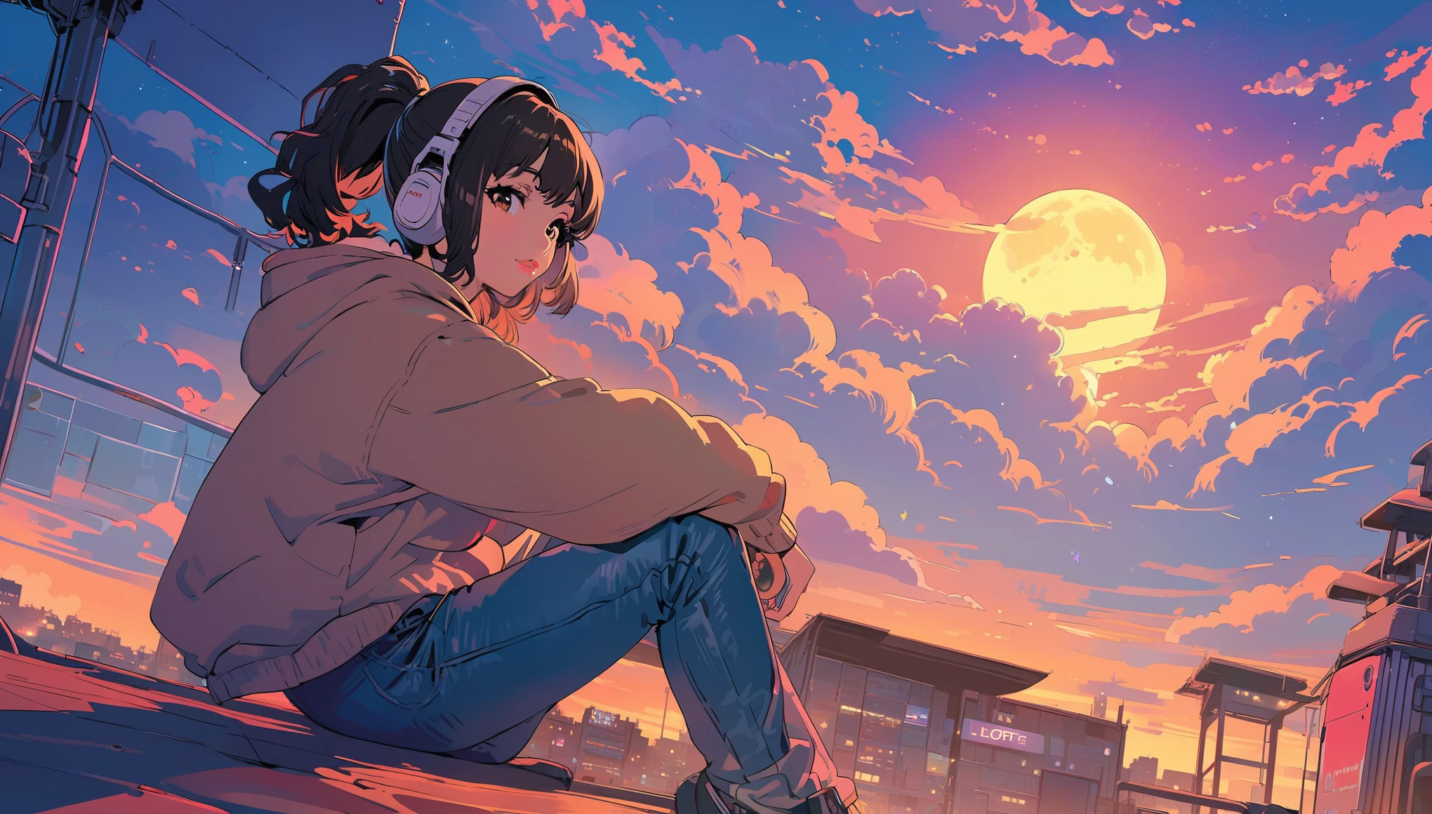 (extremely detailed CG unity 8k wallpaper), (best quality), (best illustration), (best shadow), realistic lighting, beautiful detailed reglow, masterpiece, best quality, lofi artstyle, lofi art, 80s anime style, Retro, Lo-Fi, 1girl, solo, brown hair, black hair, sitting, ponytail, sky, pants, cloud, hood, lips, hoodie, profile, night, headphones, moon, hood down, night sky, full moon, jeans, city