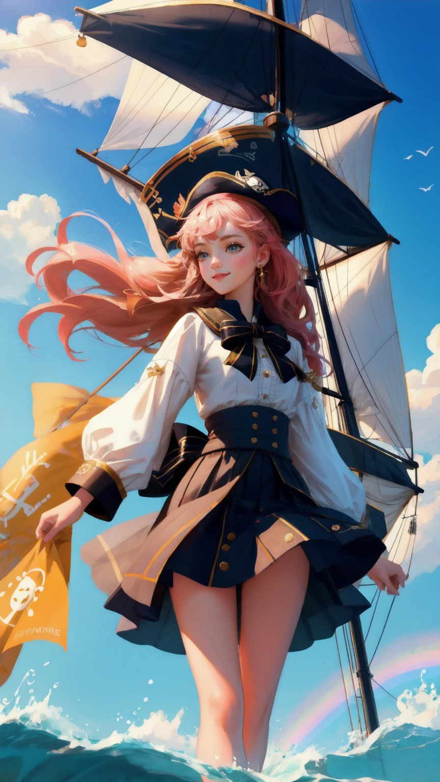 A beautiful, cute girl dressed as a cheerful pirate captain stands confidently at the bow of a majestic sailing ship, symbolizing the 'Early Adopter's Cruiser,' with golden Bitcoin symbols floating around her. The ship sails through a vibrant, rainbow-colored sea under a starry blue sky, capturing the spirit of early innovation. The background must be blue, enhancing the adventurous atmosphere.