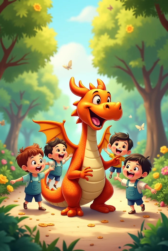 Generate a cartoon image of 4 year old kids playing with dragon in park joyfully