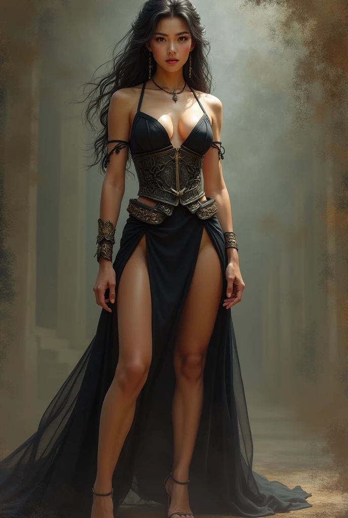 Warriors, 
Asian,
Thick thighs slim waist big boobs 
Princess,most beautiful girl, 
High slit cut mini skirt black dress
Lower abdoman naked 
High heels 