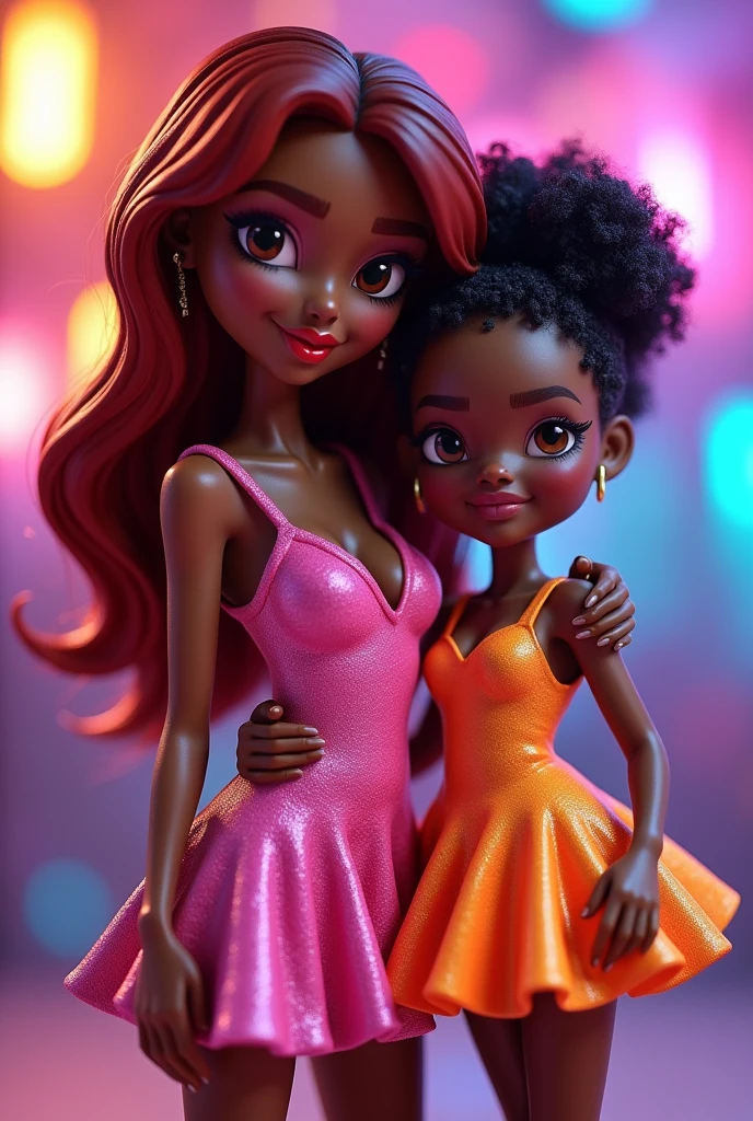 A cake topper featuring two sisters, one 18 and one 8, both black,with neon clothes,the 18 year old is black,sexly,with long, dark red hair,with a tight neon dress and the 8 is short, chubby, curly,eyes browns, neon flared dress