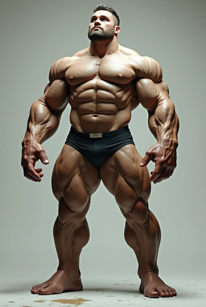 This boy has injected himself with a serum that has given him a huge growth of muscles that has turned him into a gigantic muscle monster. His legs stand out because the amount of muscle and enormous size make the boy look disproportionate since the muscles of his torso are much smaller compared to them..