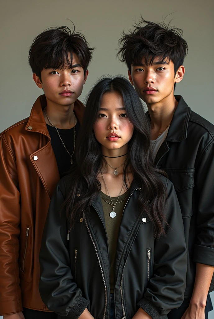 

Let's create a new image with the following details:

- **Noah**: A 16-year-old girl with a wolf cut hairstyle that reaches her shoulders.
- **Finn**: A 16-year-old boy with a shaggy, messy skater hairstyle.
- **Parker**: A 16-year-old boy with a more casual, yet stylish hairstyle.

They'll be posed together in a group photo that reflects their rockstar image, with a bit of a mature vibe for their age. I'll get that ready for you. The 3 kids are triplets and they have a rock band called Rebel Echo 