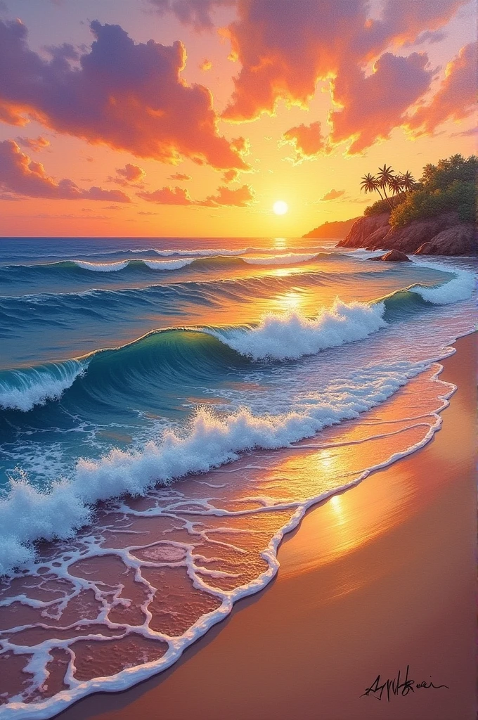 Serene Edava Kappil beach at sunset, captured in a vibrant and colorful impressionist painting style, soft waves caressing the shore, warm hues blending in the sky, detailed textures of sand and water --
