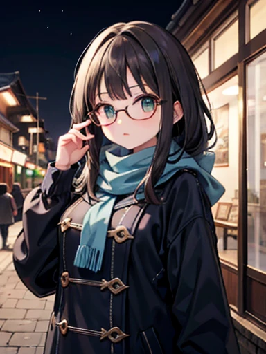 Rin Shibuya、1 person, Mature Woman, Green Eyes、Long black hair、A woman posing in a long coat in a Japanese town in mid-winter、She has a navy blue scarf around her neck、Woman wearing glasses、thin frame glasses、Round Lens Glasses、Thin gold eyeglass frames、Wear a long coat over a blue sweater,Large Breasts