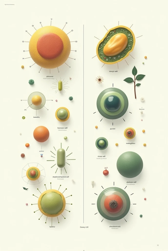 Procarionte: membrane, Parede celular, nucleoid, Ribosomes.
Animal Eukaryote: membrane, core, Mitochondria, Ribosomes.
Plant Eukaryote: membrane, Parede celular, core, chloroplasts, vacuole.