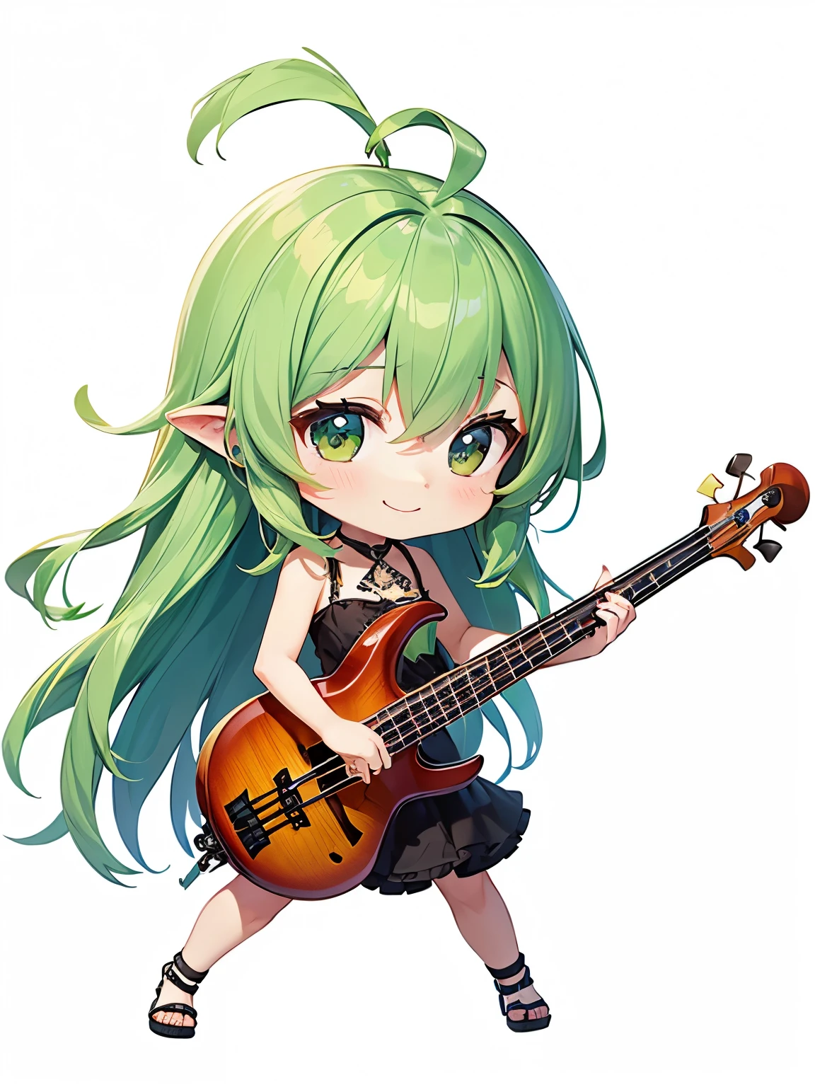 (((Metal Band)))、A little smile、The view from the live house、Green-haired chibi character、Green hair and long hair、A small character playing while standing on both feet、A beautiful depiction using tens of thousands of colors、masterpiece、Ultra HD、super high quality、8k、(((A chibi character playing a 4-string bass)))、(((Delicate 4-string bass)))