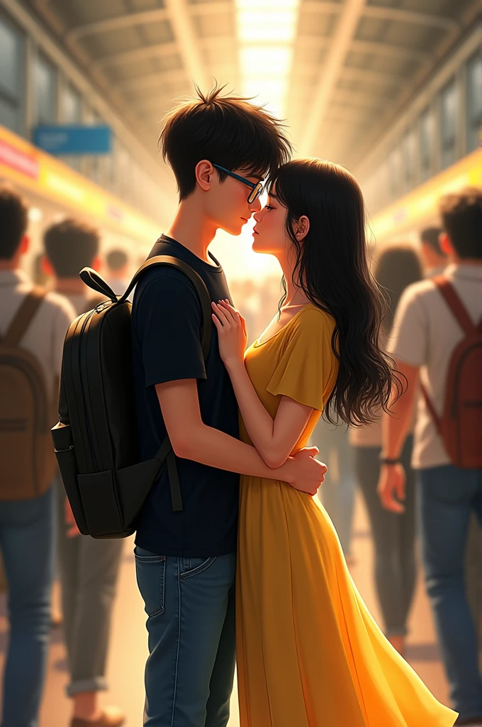 A bespectacled boy wearing a black t-shirt and black jeans is carrying a bag on his back. He holds a shopping bag in his left hand and has his right hand around a woman's waist. The woman is wearing a long yellow dress and has loose medium-length black hair. She holds his waist with her left hand and places her right hand on his heart while they are in a crowded running metro."