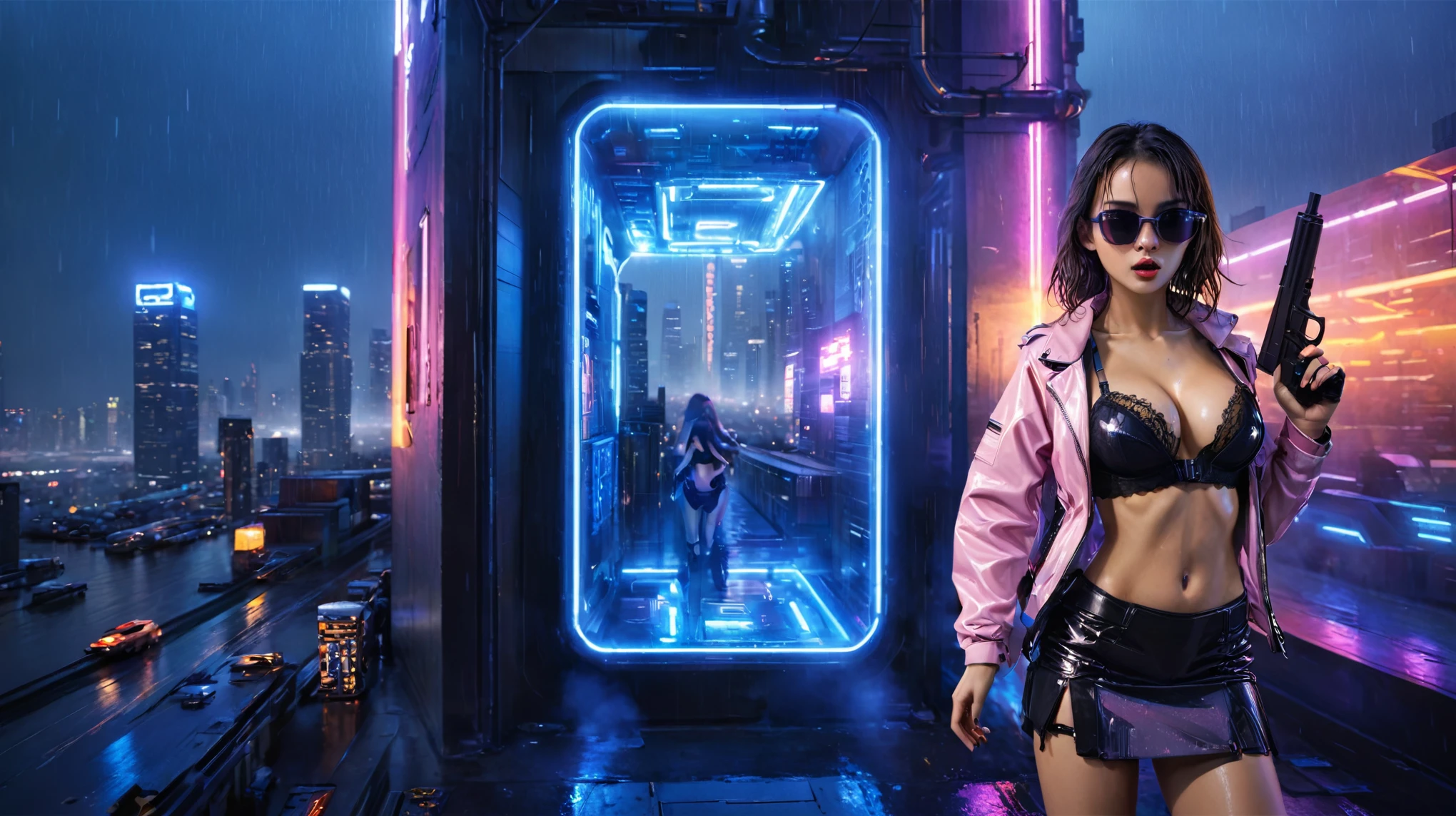 Blade Runner style futuristic city, flying cars, neon lights, rainy night. (1girl, solo, alone), large-breast:1.2 slim body, slim face, cleavage:1.1, sexy laced lingerie, very low angle view miniskirt, jacket, (black micro sunglasses), (holding a short gun), running pose, half-body thigh level medium shot, cinematic lighting, ray tracing.