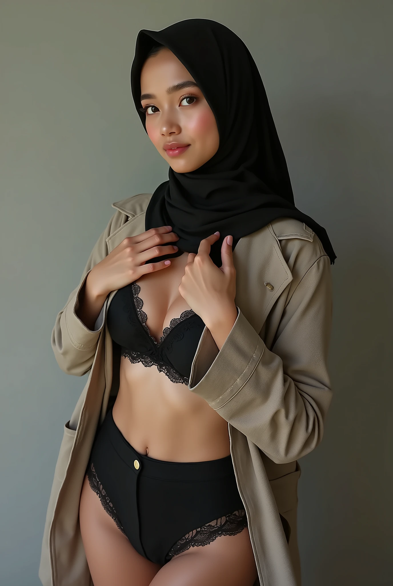 Malaysian Muslim women，scarf，Short skirt，front，Sexy，Big cleavage，Ultra HD image,Unbutton，Chest，Cute face，Lace underwear，See the bottom of the skirt，perspective，Short-sleeved clothes，摸着Chest，All over the body，，See the legs，reality