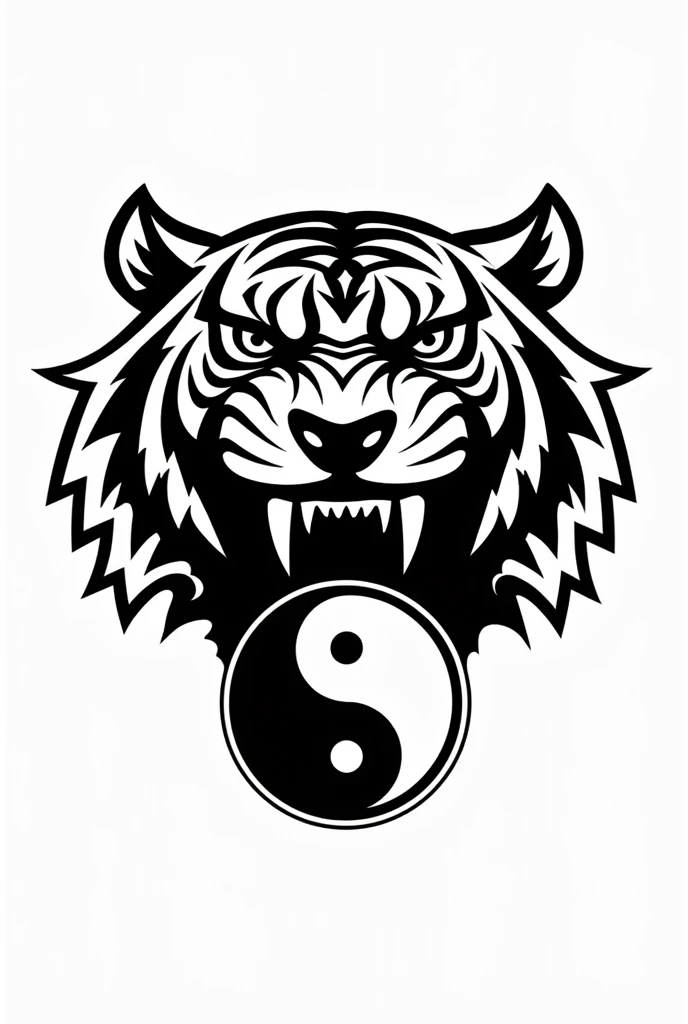 Black and white tiger head logo image biting a medium sized yin yang in its tiger mouth. Image with plain white background