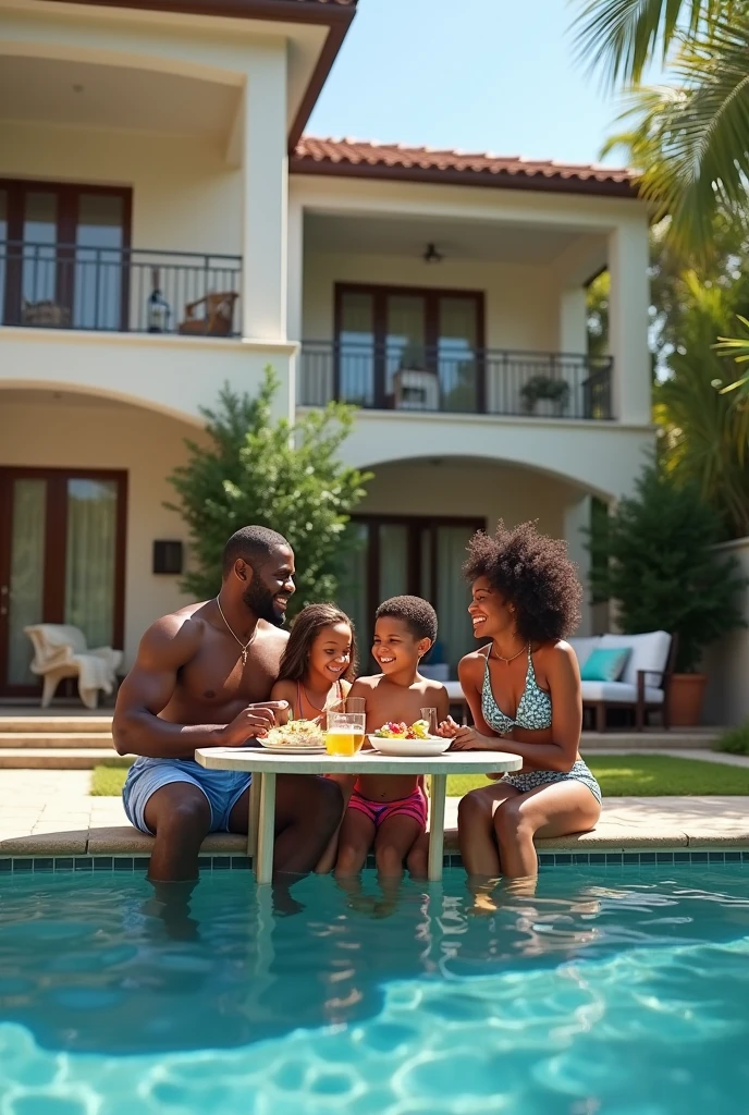 generate a photo of a black man with his beautiful half cast family of wife and brown four kids two girls and two boys wearing bikinis seated next to a swimming pool at the backyard of their huge two storey building enjoying a meal