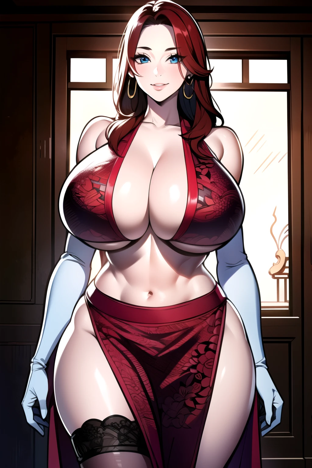 Hot mom，独奏，（：1.3），thick thight，upper legs，Wide buttock，dent in the skin，Double tail，short detailed hair，curlies，ssmile，cheerfulness，（Red lace apron：1.2），cparted lips，plumw，exposed midriff，protruding areolas，gigantic cleavage breasts，4K，realistic humid skin，Armpits，Large curved hips，a variety of poses，Stick out a very long tongue，Fleshy figure，with perfect legs，Hypertrophic，protruding areolas，Bronzed skin，Detailed lips，bubble butt，Dewy，mouth drool，Lick，Place your fingers between your legs，Hungry and thirsty housewives，erected，Wrinkles，Eyes look at the lens，A shy look，Blushing aunt，Two braids，Smooth skin，Very meticulous clothes，Intriguing set，extremly high detail，A detailed face，Gloss on lips，Bronze，onbed，super breasts，Feminine and colorful