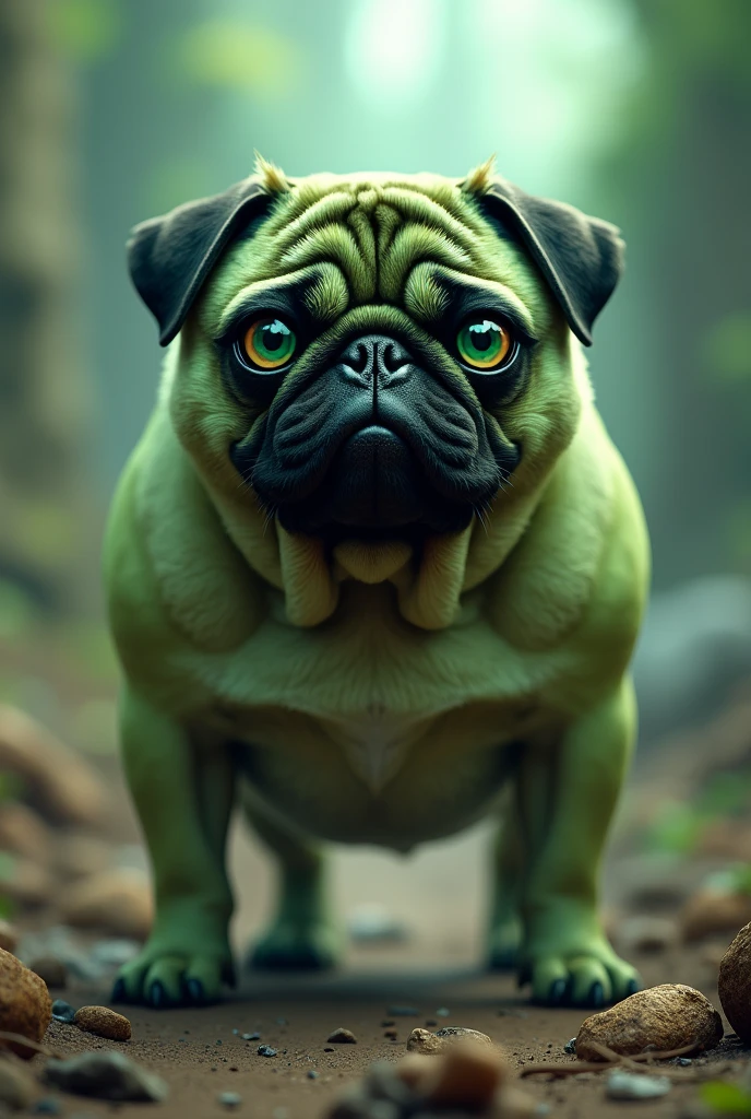 A pug dog with a brave and strong appearance and greenish fur