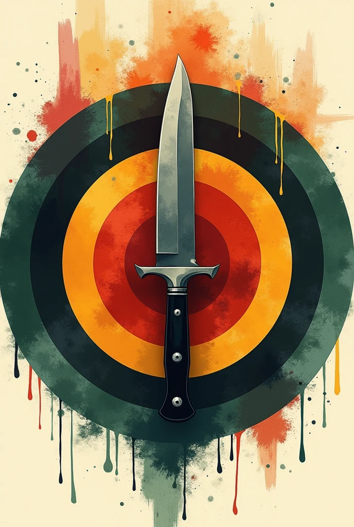 4 circles inside each other, the first black, second yellow, third red, fourth green. knife in target shape, vector style, on the background create a tribal design in watercolor painting style