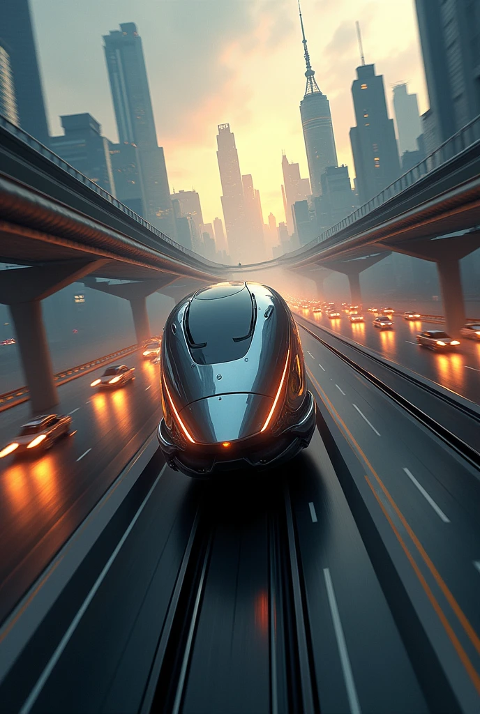 express train travels along evening railway with motion blur. Futuristic landscape with many tall buildings around. Evening sky with clouds and fog on the horizon. Lots of overhead roads, bridges, transport hubs and cars around.