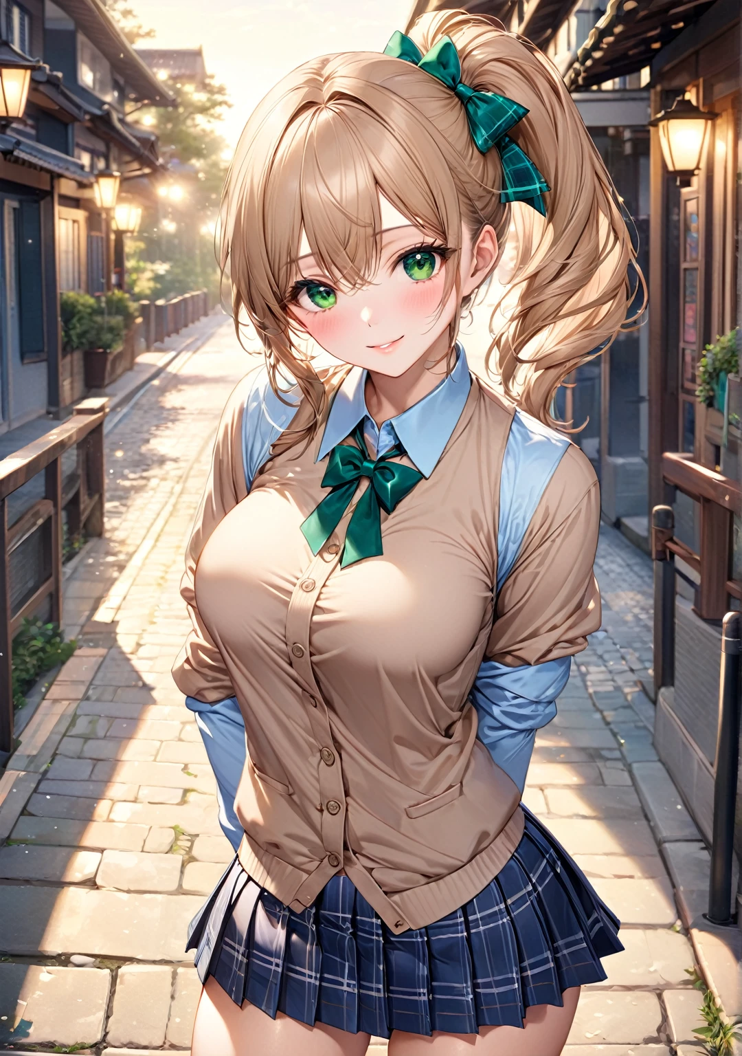 (masterpiece:1.2, top-quality), (realistic, photorealistic:1.4), beautiful illustration, (natural side lighting, movie lighting), 
looking at viewer, cowboy shot, front view:0.6, 1 girl, japanese, high school girl, perfect face, cute and symmetrical face, shiny skin, 
(middle hair:1.5, side ponytail:1.4, sidelocks, light brown hair), parted bangs, emerald green eyes, long eye lasher, (large breasts:0.9, thick thighs), 
beautiful hair, beautiful face, beautiful detailed eyes, beautiful clavicle, beautiful body, beautiful chest, beautiful thigh, beautiful legs, beautiful fingers, 
((light blue long sleeve collared shirts, blue plaid pleated mini skirt, socks, brown loafers, emerald green bow tie, beige sleeveless knitted vest)), pink panties, 
(beautiful scenery), evening, riverside, walking, hands on chest, (lovely smile, upper eyes), 