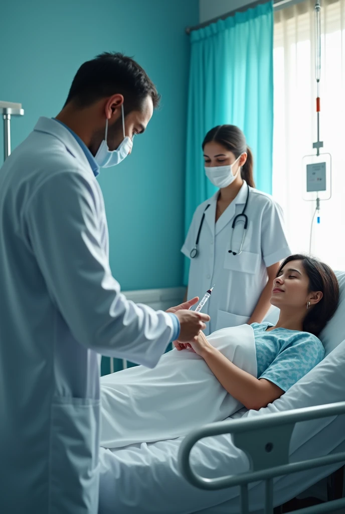 A 30 years Indian male doctor is giving injection to the Indian female patient right hand. Patient is sleeping on hospital bed. Patient age is 45 years. Doctor back view should be displayed. Indian Nurse is beside to the doctor.