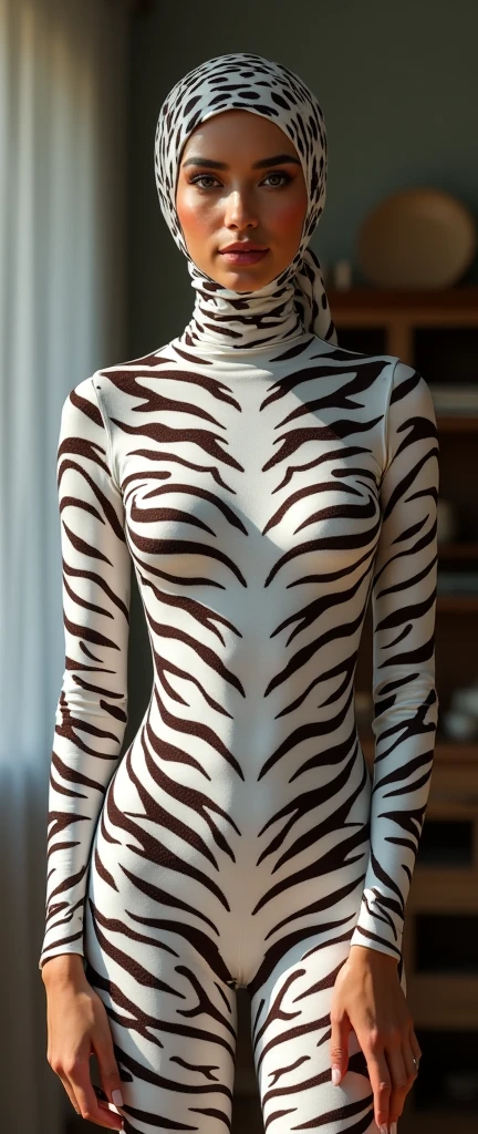 a beautiful and thin malaysian muslim adult girl with a shiny and beautiful face wears white tiger print lycra turtleneck unitard catsuit covered with zebra stripes and always wear tiger print lycra dancewear hijab covered with zebra stripes.She is at home.