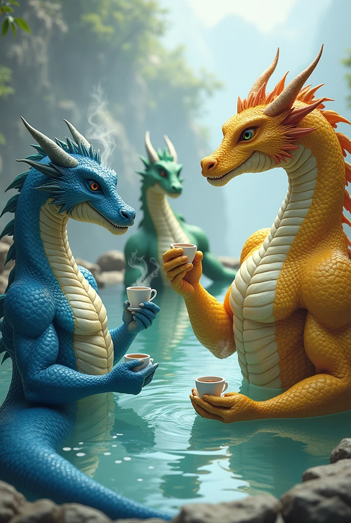 3 dragons、a blue scale、a green scale、a yellow scale、All men、All have muscles、Chest muscles、Abdominal muscles,Soak in hot springs、drink hot tea、chat