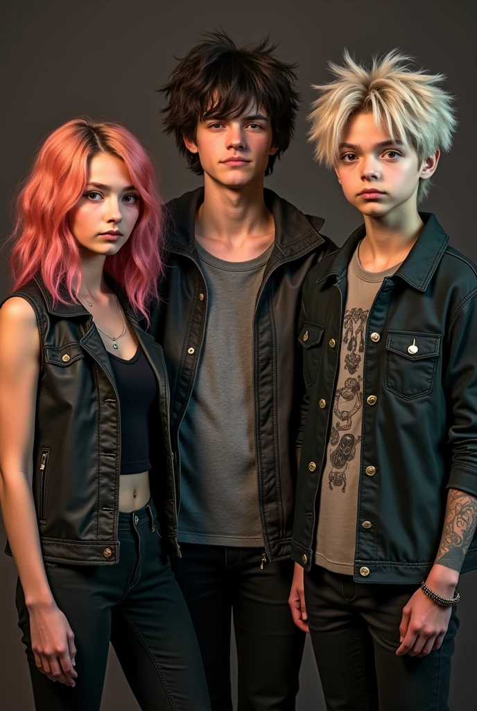 Let's create a new image with the following details:
- Noah: A -year-oirl w a wolf cut hairstyle that reaches her shoulders.
- Finn: A 16-year-old boy wh aggy, sy skater hairstyle.
- Parker: A 16-year-old boy with a more caal, styl hairstyle.
They'll be posed together in a group photo that reflects their rockstar image, with a bit of a mature vibe for their age. I'll get that ready for you. The 3 kids are triplets and they have a rock called Rebel Echo. Make them white not Asian