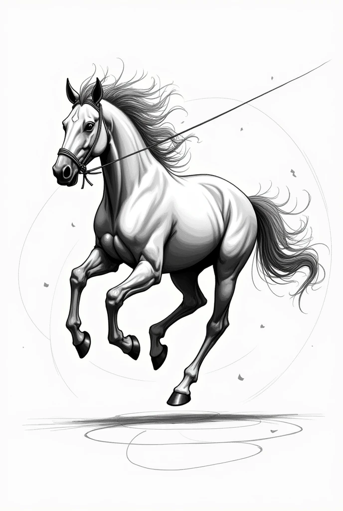 Sketch a horse roaming in a circular motion and his mouth tied with rope