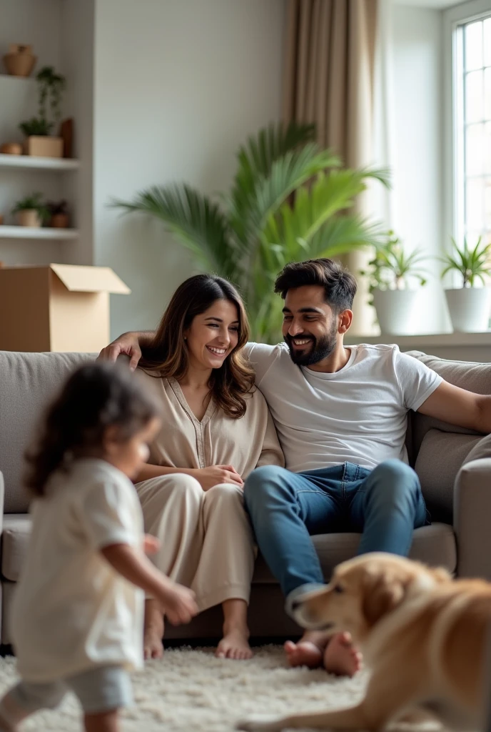 generate image of a young happy couple in their early 30's who have just moved into their new home. Couple is sitting on couch in their living room and their 2 kids, a 6 year girl and 3 year boy kid playing with dog near couch. Couple is Indian couple , living hall interior is modern contemporary with few indoor plants. Couple is dressed in smart western casuals like jeans and t-shirt. Picture is taken from little back so that more of their newly decorated in living hall is visible and few unopened cartons to represent that they just moved in.