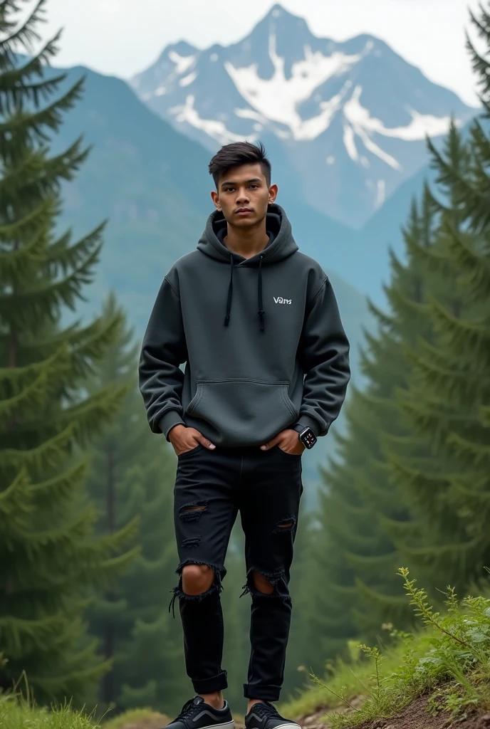 please make me a realistic photo of a 30-year-old Indonesia man wearing a dark gray Hoodie, wearing black ripped jeans, wearing black vans.wearing an iPhone smartwatch, standing outdoors against the background of green pine forest mountains.4K Full HD Resolution.