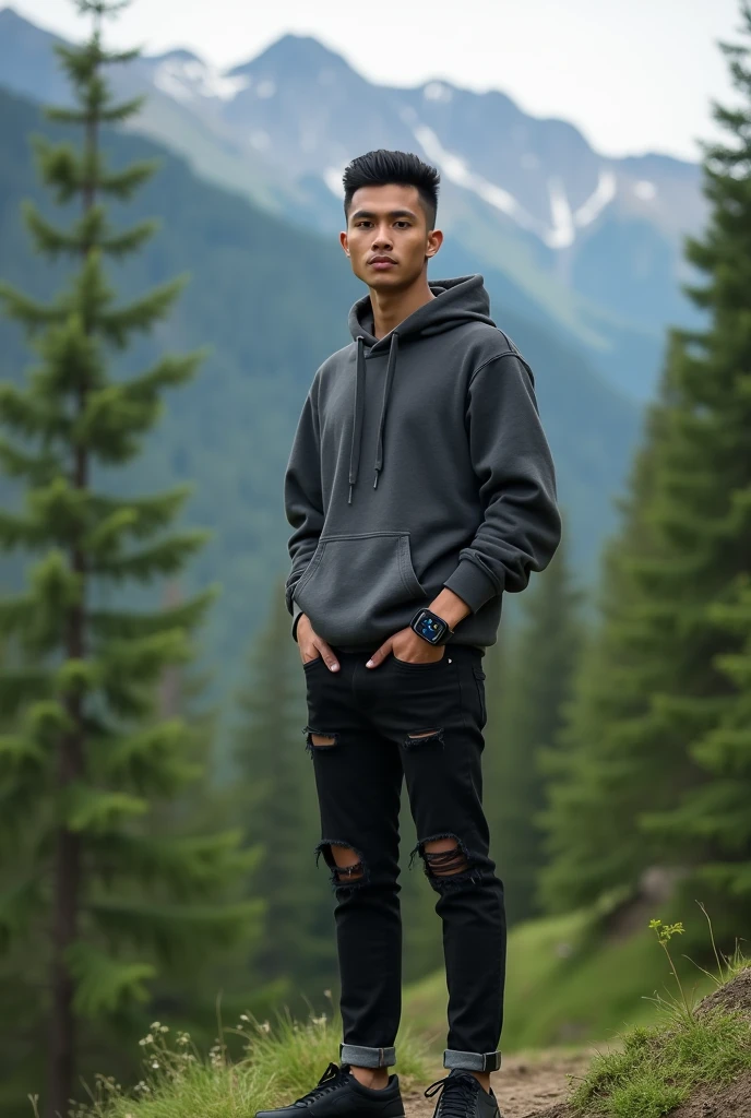 please make me a realistic photo of a 30-year-old Indonesia man wearing a dark gray Hoodie, wearing black ripped jeans, wearing black vans.wearing an iPhone smartwatch, standing outdoors against the background of green pine forest mountains.4K Full HD Resolution.