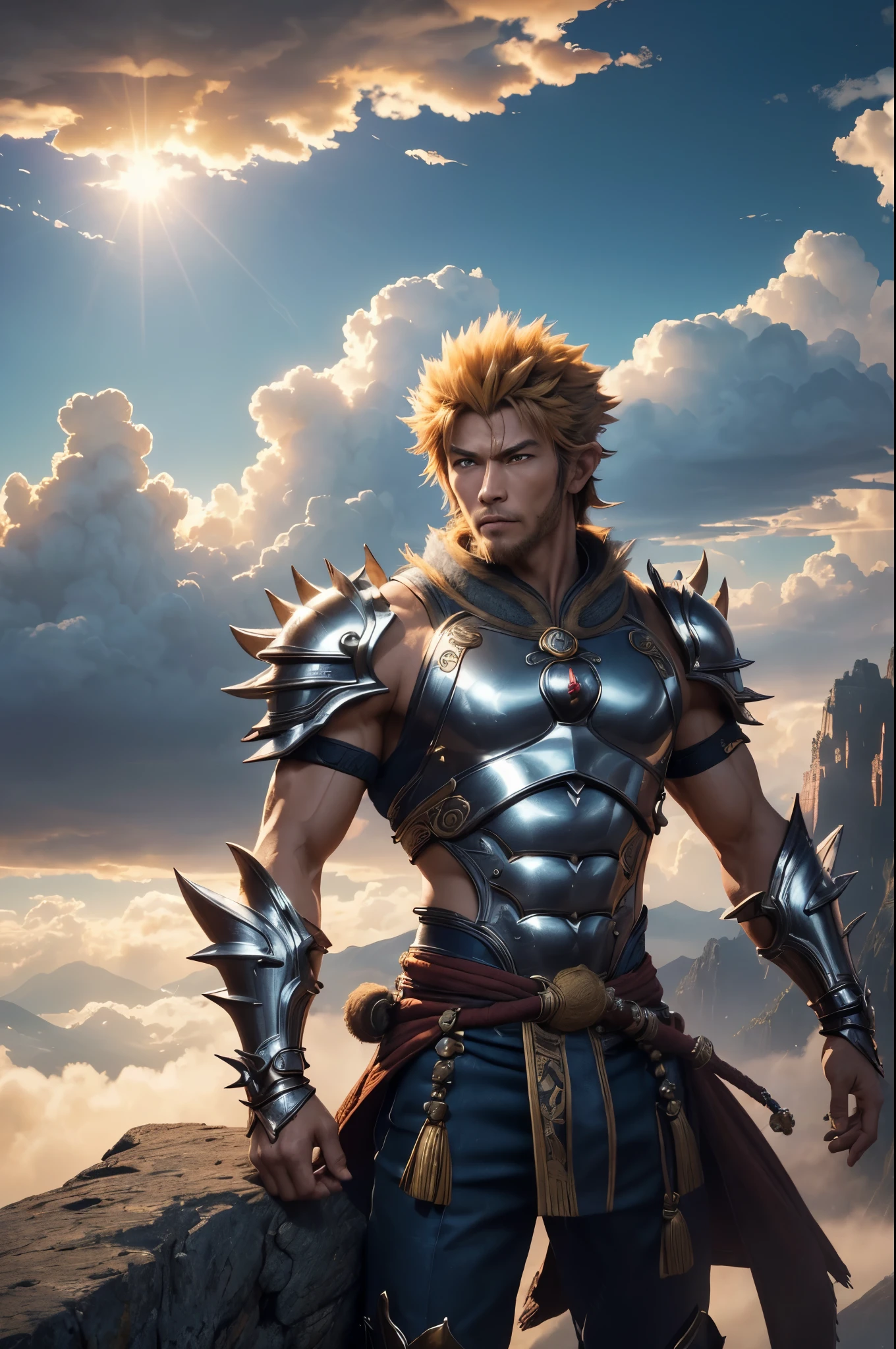 (ultra detailed, absolutely resolution, best quality:1.3), 2.5D, (handsome stylish cool Sun-Wukong) from Journey to the West has short, spiky blonde hair, wearing metal-plated armor, muscular, standing on the (sky-clouds:1.5), background clouds, rocky mountain, delicate and dynamic effects, artistic photography, hyper realistic, graphic CG digital art, portrait