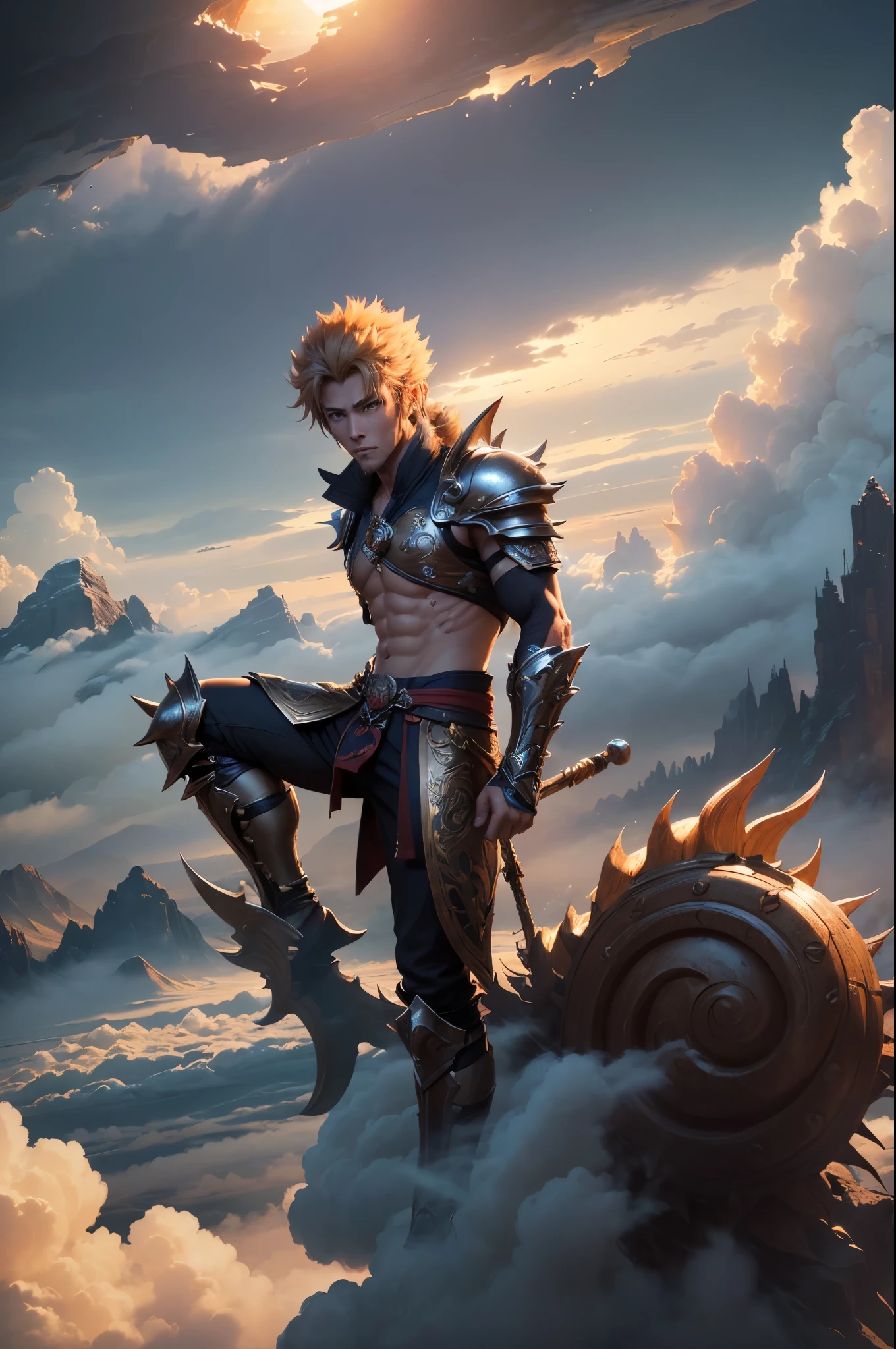 (ultra detailed, absolutely resolution, best quality:1.3), 2.5D, (handsome stylish cool Sun-Wukong) from Journey to the West has short, spiky blonde hair, wearing metal-plated armor, muscular, standing on the (clouds:1.5), background clouds, rocky mountain, delicate and dynamic effects, artistic photography, hyper realistic, graphic CG digital art, portrait