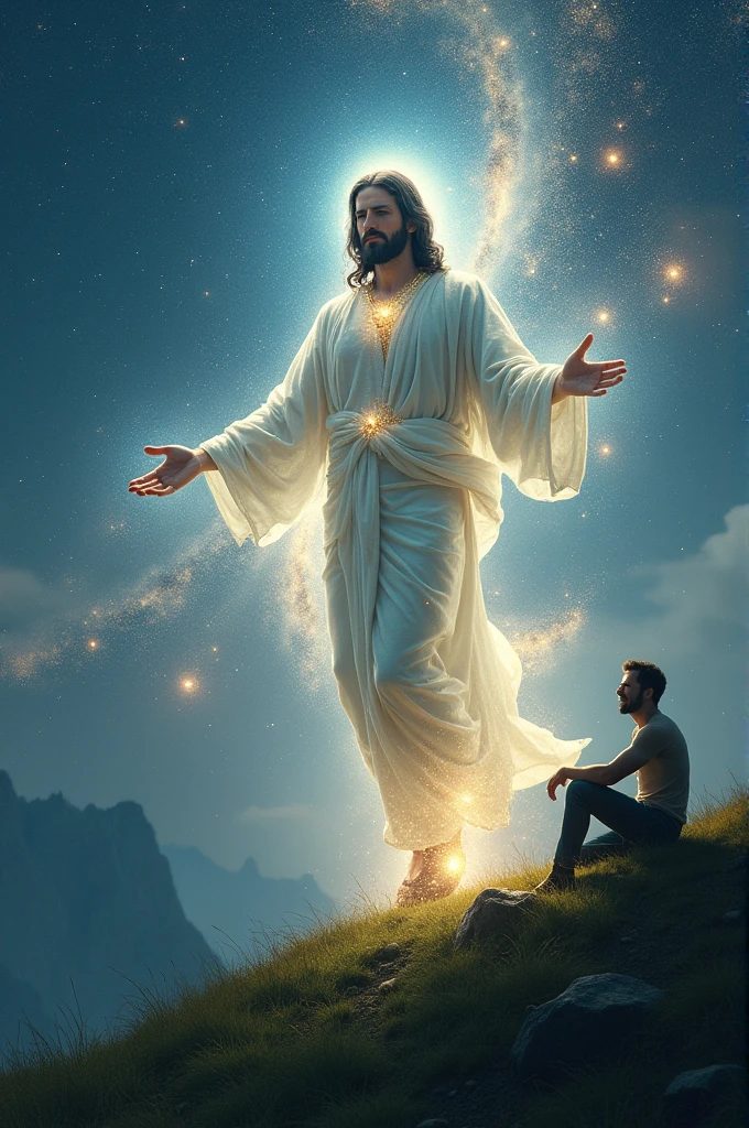 Jesus of Nazareth, in the sky, transparent skin, closed eyes, cosmic skin, stars and galaxies surround it, Below Jesus a happy man sitting, camera zoomed out from sitting man, on grass, on a mountainous hill, dusk.