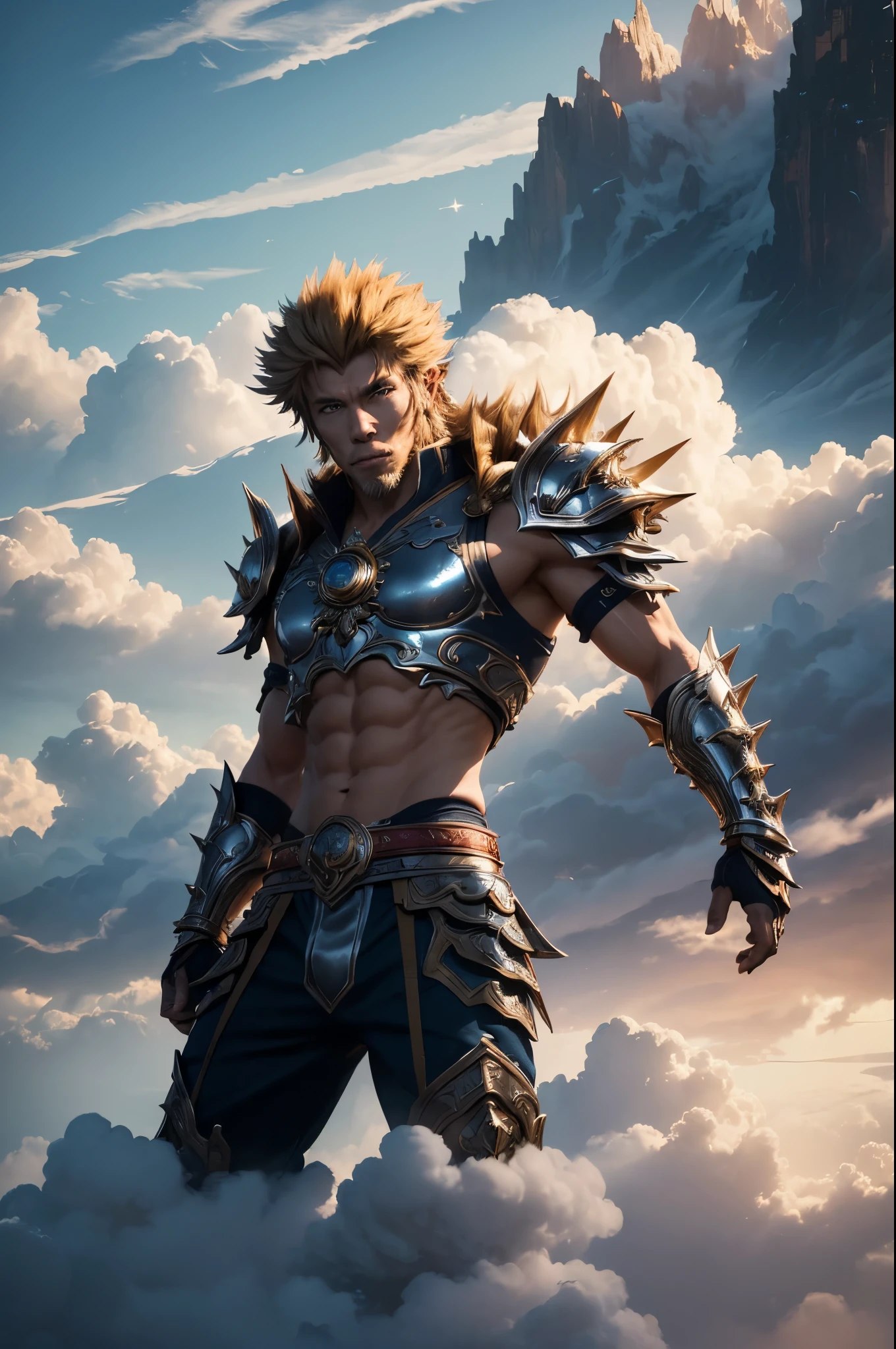 (ultra detailed, absolutely resolution, best quality:1.3), 2.5D, (handsome stylish cool Sun-Wukong) from Journey to the West has short, spiky blonde hair, wearing metal-plated armor, muscular, standing on the (clouds:1.5), background clouds, rocky mountain, delicate and dynamic effects, artistic photography, hyper realistic, graphic CG digital art, portrait