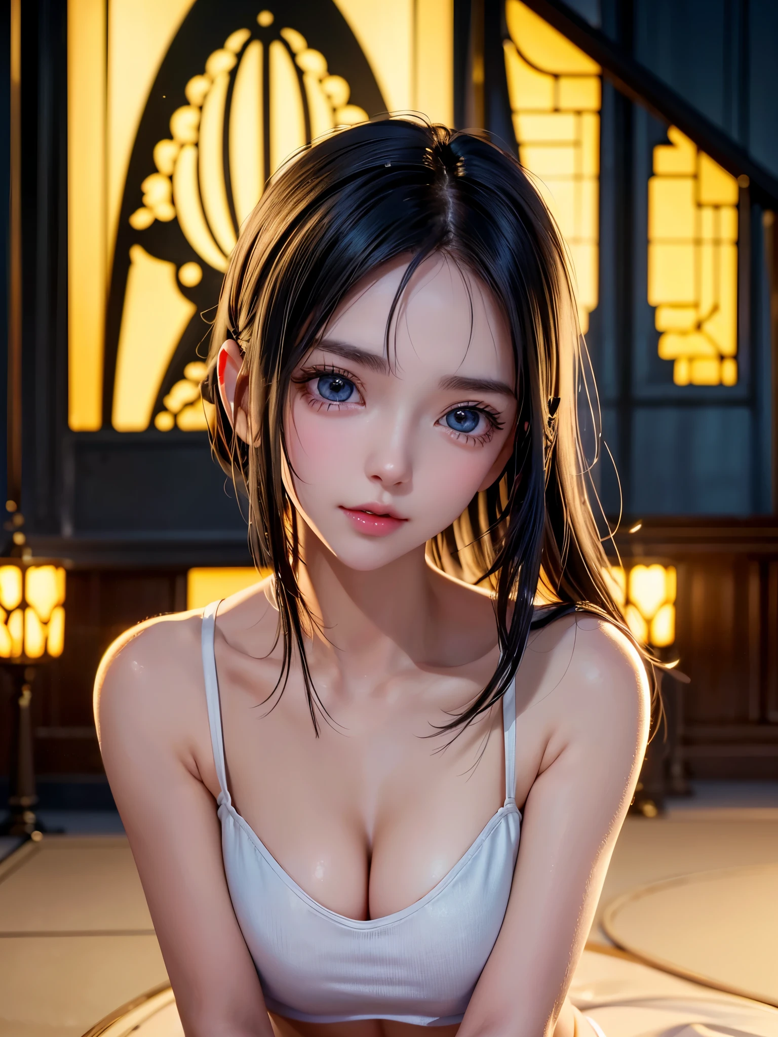 One Girl,(1人のとてもcute:1.3),masterpiece,Highest quality,High resolution,From below,Low - Angle,Photorealistic,RAW Photos,Ray Tracing,Physically Based Rendering,beautiful girl,(:1.3),cute,Big eyes,(detailed pupils:1.2),(The face is facing straight ahead:1.3),Body facing forward,Beautiful nose,High nose,Upturned nose,Fuller lips,Short black hair,ponytail,short hair,Detailed eyelashes,Thin eyebrows,Very fine grain definition,(Symmetrical eyes,Golden Ratio:1.3),(Face close-up,Face Focus:1.0),Small breasts,Short neck,White swimsuit,White Bikini,Ocean,Southern Island,Blue sky,White cloud,Portrait,View Viewer,Upper Body,Cinema Lighting,High resolution,Very detailed