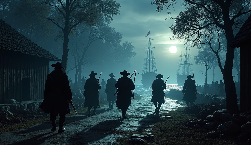 A historical illustration of a covert Spanish attack on an English settlement, with Spanish soldiers and ships ambushing the Roanoke Colony under the cover of night.