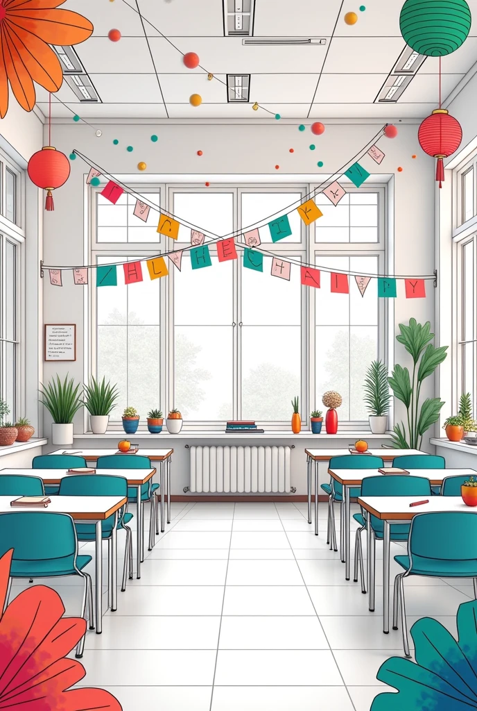 Interior design of a normal spacious classroom with lots festival decorations,line art,no color, Using DIY decorations,Affordable materials, beautiful and simple decorations,no color,line art, with color,NO people