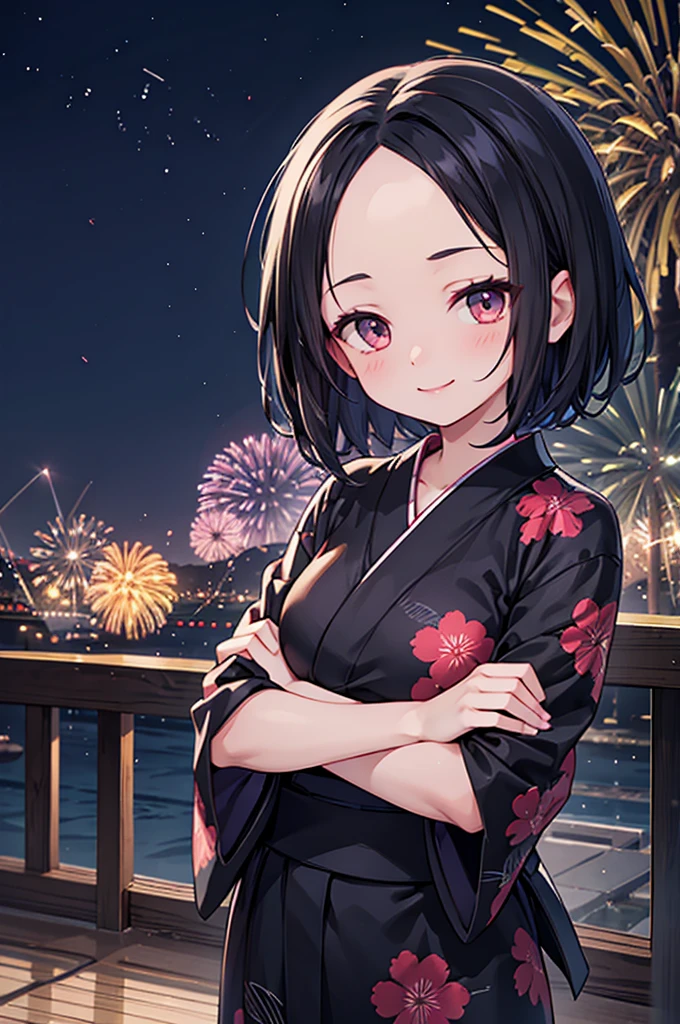 (masterpiece, best quality:1.2),1girl, (solo), Android 18 from Dragon Ball, ((floral print black kimono)), medium breasts, blunt bangs, black short hair, (red eyes), earrings on earlobes, slim, slender feminine figure, skinny body, blush, magnificent view, blur background, 4K, Tokyo Tower, firework, arms open, collarbone, (Kimetsu no Yaiba), Demon, looking at fireworks, riverside, thigh gap, black panties, fangs,