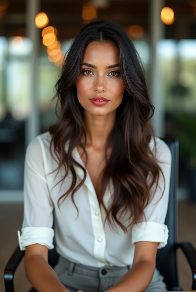 a photo of a beautiful woman, 30 years old, long beautiful hairs, dark brown hair, dark brown eyes, sitting at a table in a conference room, leaning back on her chair, full body, wearing white blouse with rolled up sleeves, wearing tight chino pants, the table is in the foreground, her legs are visible, the view is from 45 degrees from the side from the front, looking in the camera, red lipstic, natural light coomming from a window, there is a wann behind her, backgorund blurred, cinematic lighting, motion blur, film grain, very detailed, 30 years, dark brown eyes, high-res, masterpiece, best quality, intricate details, highly detailed, sharp focus, detailed skin, realistic skin texture, texture, detailed eyes, professional, 4k, 85mm, shallow depth of field, perfect fit body, girl without any clothes extremely detailed, photo_\(ultra\), photorealistic, realistic, post-processing, maximum detail, roughness, real life, ultra realistic, photorealism, photography, 8k uhd, photography (grain of film) medium shot for closeup shot, longer slimer face, perfect face, HANDS ARE HIDDEN, natural legs, wearing tights, natural arms