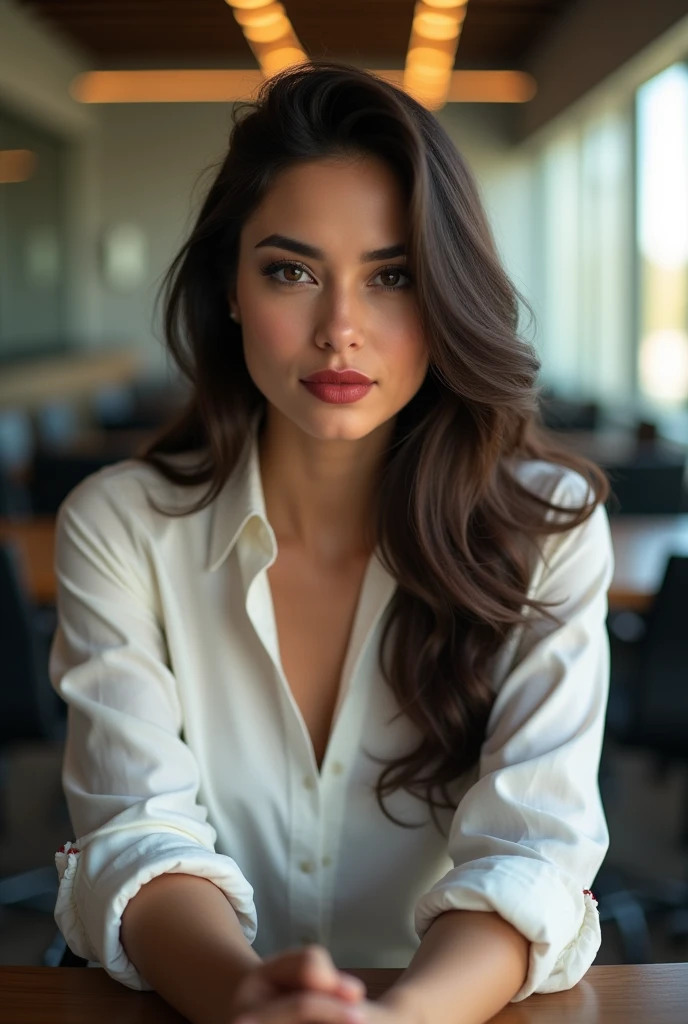 a photo of a beautiful woman, 30 years old, long beautiful hairs, dark brown hair, dark brown eyes, sitting at a table in a conference room, leaning back on her chair, full body, wearing white blouse with rolled up sleeves, wearing tight chino pants, the table is in the foreground, her legs are visible, the view is from 45 degrees from the side from the front, looking in the camera, red lipstic, natural light coomming from a window, there is a wann behind her,  backgorund blurred, cinematic lighting, motion blur, film grain, very detailed, 30 years, dark brown eyes, high-res, masterpiece, best quality, intricate details, highly detailed, sharp focus, detailed skin, realistic skin texture, texture, detailed eyes, professional, 4k, 85mm, shallow depth of field, perfect fit body, girl without any clothes extremely detailed, photo_\(ultra\), photorealistic, realistic, post-processing, maximum detail, roughness, real life, ultra realistic, photorealism, photography, 8k uhd, photography (grain of film) medium shot for closeup shot, longer slimer face, perfect face, HANDS ARE HIDDEN, natural legs, wearing tights, natural arms