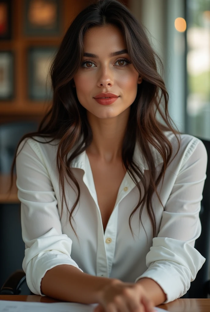 a photo of a beautiful woman, 30 years old, long beautiful hairs, dark brown hair, dark brown eyes, sitting at a table in a conference room, leaning back on her chair, full body, wearing white blouse with rolled up sleeves, wearing tight chino pants, the table is in the foreground, her legs are visible, the view is from 45 degrees from the side from the front, looking in the camera, red lipstic, natural light coomming from a window, there is a wann behind her,  backgorund blurred, cinematic lighting, motion blur, film grain, very detailed, 30 years, dark brown eyes, high-res, masterpiece, best quality, intricate details, highly detailed, sharp focus, detailed skin, realistic skin texture, texture, detailed eyes, professional, 4k, 85mm, shallow depth of field, perfect fit body, girl without any clothes extremely detailed, photo_\(ultra\), photorealistic, realistic, post-processing, maximum detail, roughness, real life, ultra realistic, photorealism, photography, 8k uhd, photography (grain of film) medium shot for closeup shot, longer slimer face, perfect face, HANDS ARE HIDDEN, natural legs, wearing tights, natural arms