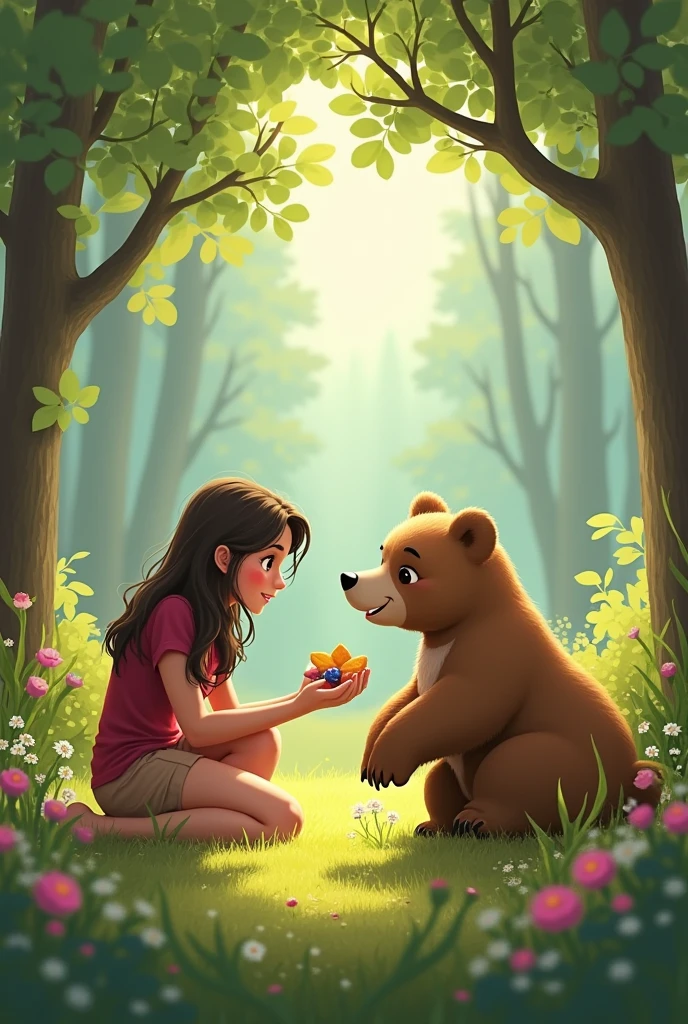 Friendship Scene: A bear and Livia in a natural environment, like a forest or field. Lívia could be interacting with the bear, perhaps offering him a snack or playing with him.