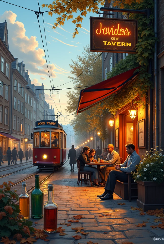 In the foreground, near the tavern, people are sitting. An old tram is going through the city. There is an old tavern sign on the house. On the ground are bottles with multi-colored liquids. On the ground are autumn leaves, withered daisies, lilies of the valley, cornflowers. The evening sky with cirrus clouds.