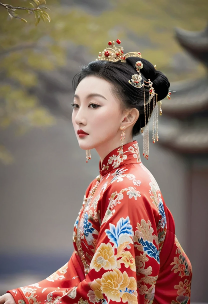 The empress of the Qing Dynasty is wearing a red floral patterned dress, completely naked, with her profile showing and her buttocks sticking out, posing in the luxurious palace of the empress of the Qing Dynasty.