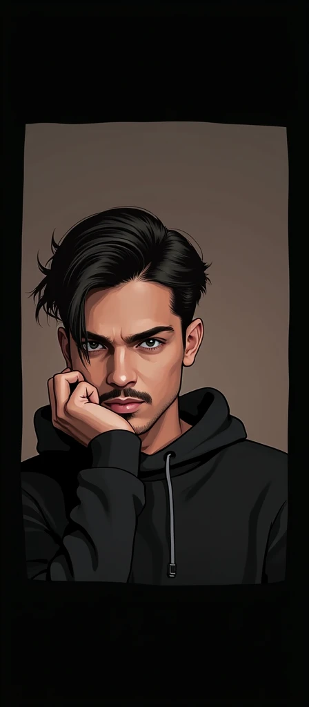 A young man with black hair and a moustache has his hand on his face, looking directly at the camera, wearing a black hoodie.