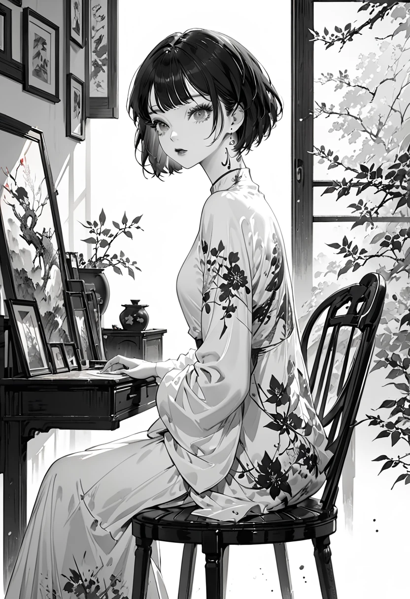 Black ink on white paper、Ink painting style、monochrome、(Highest quality,Very detailed,High resolution:1.2),beautiful girl，Black very short hair,Black hair bangs，very_Long eyelashes, Detailed lips, Cool look, Soft Skin, Shiny Hair,Exquisite makeup,sitting on a chair in an antique shop，Neck tattoo，Shooting from the side