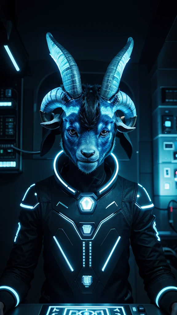 "Create a highly detailed 3D illustration of a blue goat's head designed as an NFT, with a futuristic and high-tech theme. The goat head should be blue in color and represent a powerful, authoritative figure, like a CEO. The design should incorporate elements of RAM (computer memory), making the horns and other features of the goat head look like intricate, glowing circuits and chips. The overall style should be sleek, modern, and slightly abstract, with a blend of organic and mechanical textures."