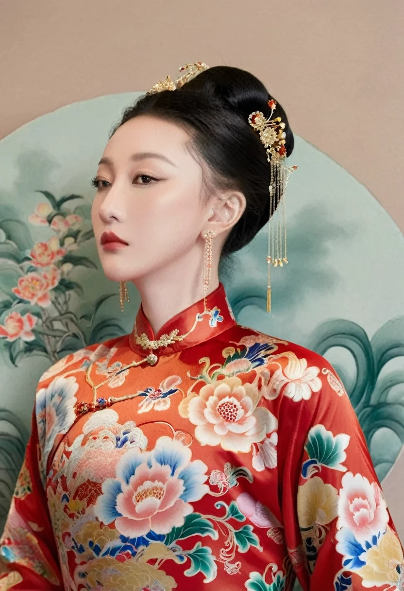 The empress of the Qing Dynasty is wearing a red floral patterned dress, completely naked, with her profile showing and her buttocks sticking out, posing in the luxurious palace of the empress of the Qing Dynasty.