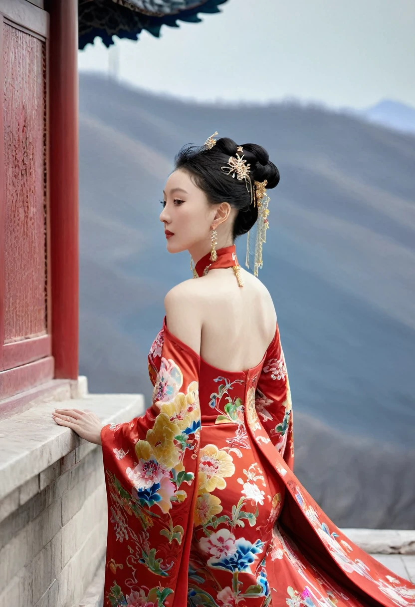 The empress of the Qing Dynasty is wearing a red floral patterned dress, completely naked, with her profile showing and her buttocks sticking out, posing in the luxurious palace of the empress of the Qing Dynasty.