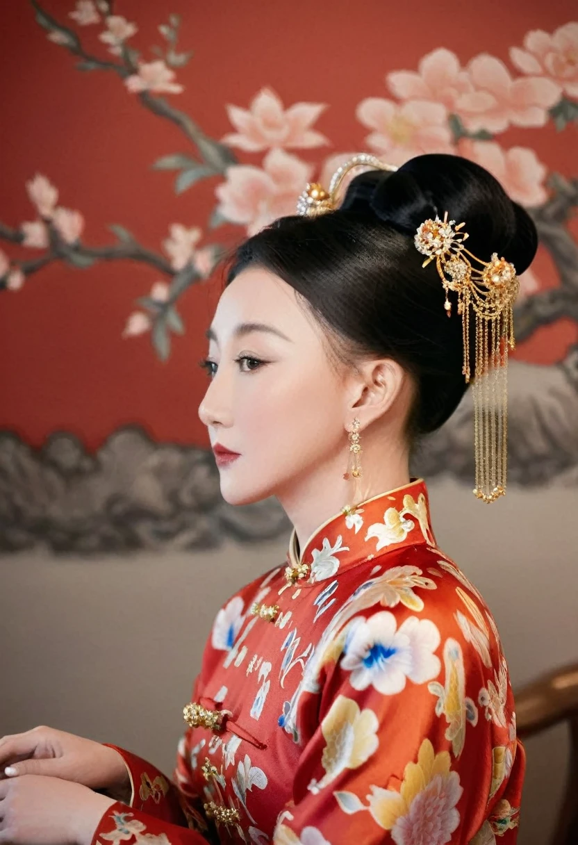 The empress of the Qing Dynasty is wearing a red floral patterned dress, completely naked, with her profile showing and her buttocks sticking out, posing in the luxurious palace of the empress of the Qing Dynasty.